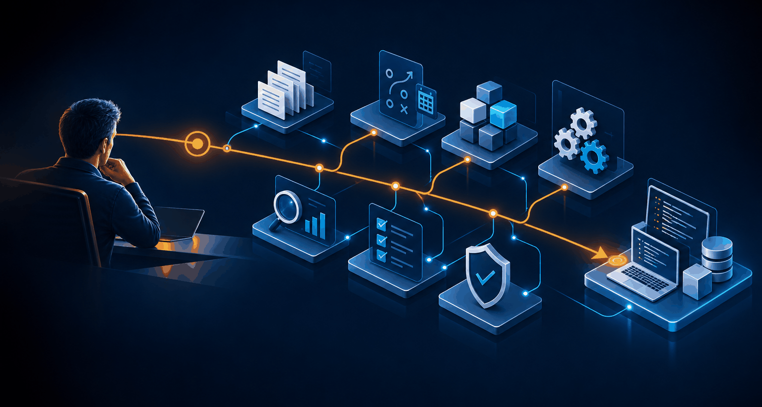 Isometric illustration of a person directing an orchestrated AI engineering process — an orange path connects specialised functions to a complete software result.